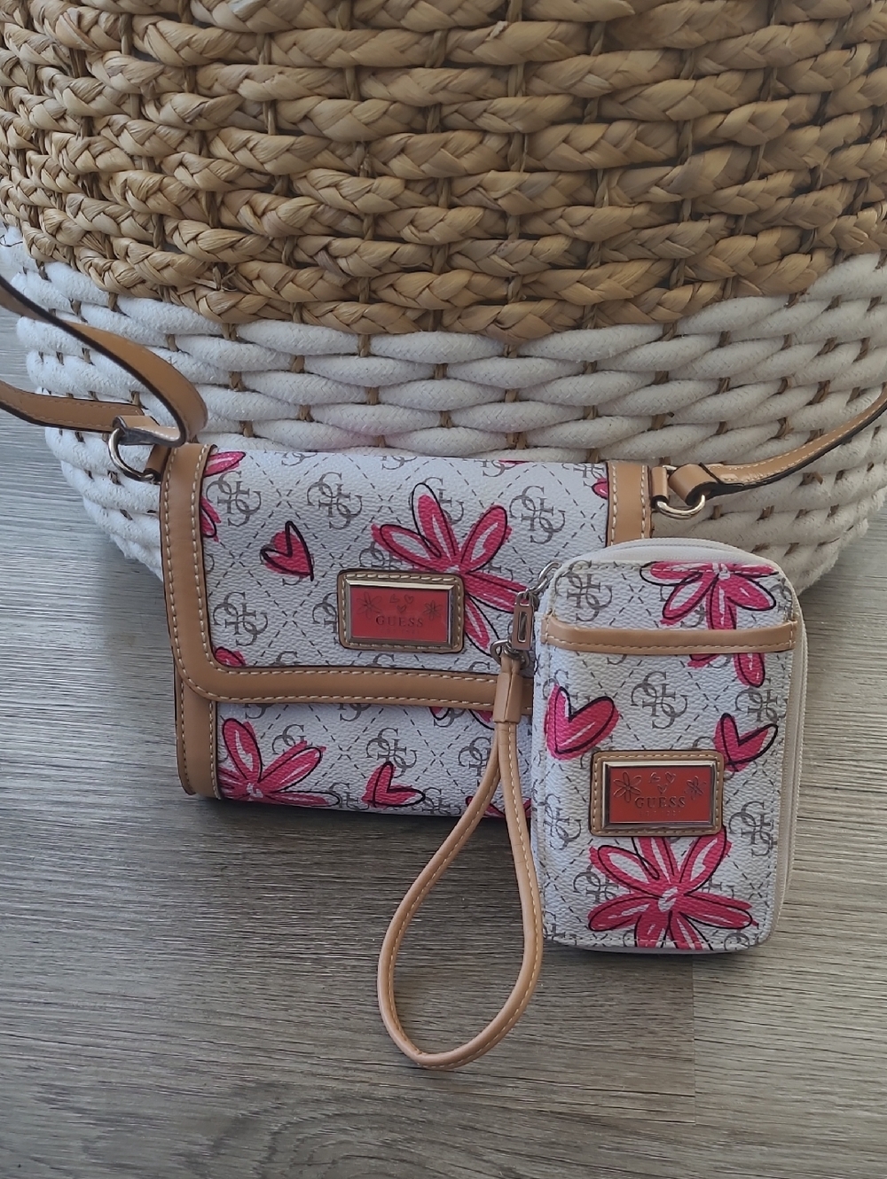 GUESS White Crossbody Bag & Wristlet with Pink Floral Accent